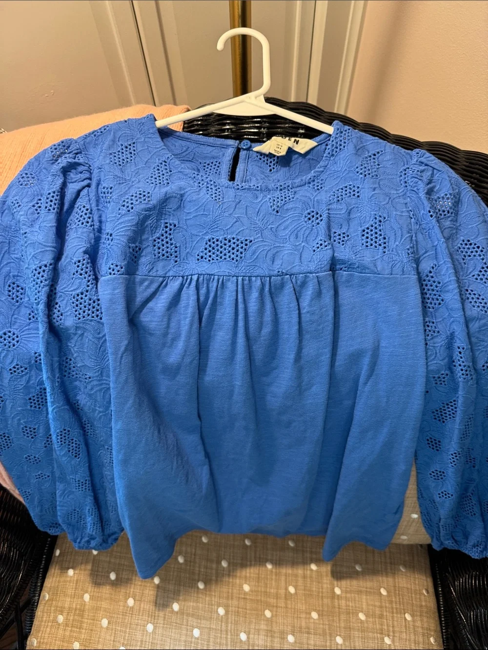 Boden Broderie Blue Lace Yoke Puff-Sleeve Women's Top